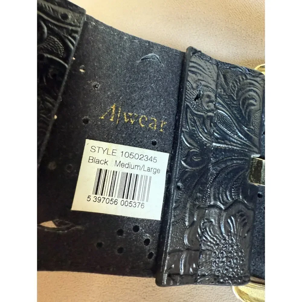 A|Wear Y2K Black Tooled Leather Stretch Waist Belt M/L Gold Buckle Western Boho